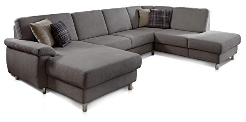 CAVADORE Wohnlandschaft Winstono mit Federkern / U-Form mit Bettfunktion und Longchair links / 317 x 88 x 220 / Grau von CAVADORE