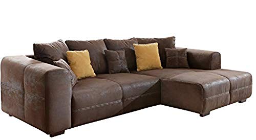 Cavadore Ecksofa Mavericco / Polster Eck-Couch mit Kissen in Antik-Leder-Optik und Holzfüßen / Longchair rechts / 285 x 69 x 170 / Mikrofaser Braun von CAVADORE