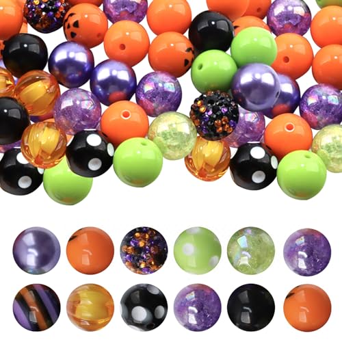 50 Stück Halloween-Kaugummi-Perlen, 20 mm, Acryl, rund, Bastelperlen für Schmuck, Bauernhaus, Abstandshalter mit Bindfaden, für Halloween, Basteln, Orange / Grün 50 Stück Halloween-Kaugummi-Perlen, 20 mm, Acryl, rund, Bastelperlen für Schmuck, Bauernhaus, Abstandshalter mit Bindfaden, für Halloween, Basteln, Orange / Grün von CAVENLLI
