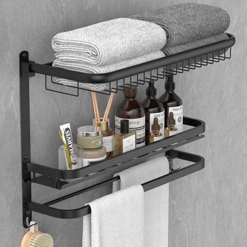 CAXIMSY Faltbares 23,22 Zoll Rowel Rack Wandmontage mit Badezimmer Duschregalen Edelstahl Handtuchstange Ohne Bohren und Schraubeninstallation (Schwarz) von CAXIMSY
