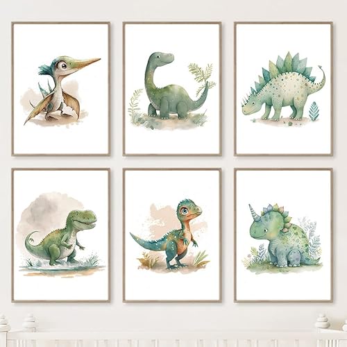 CAYBES 6 Stück Cartoon-Dinosaurier-Dschungel-Dino-Baby-Poster Kinderzimmer-Leinwandgemälde Wandkunstdruck Bild für Kinder Schlafzimmer Badezimmer Raum Dekoration-30 * 40Cm (Ohne Rahmen) von CAYBES