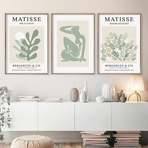 CAYBES Blatt Poster-Set Von 3 Salbeigrün Matisse Frau Abstrakte Wandkunst Leinwand Malerei Nordische Poster Und Drucke Wandbilder Für Wohnzimmer Schlafzimmer Küche Dekor-60 * 80 Cm (Ungerahmt) von CAYBES