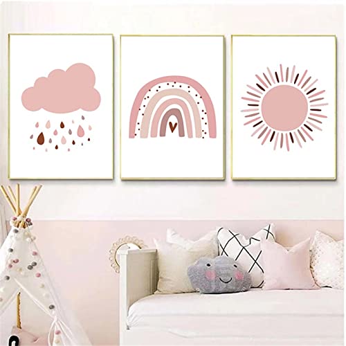 CAYBES Kinderdrucke-3 Stück Rosa Regenbogen Kind Kinderzimmer Poster Leinwand Malerei Sonne Poster Wolke Wand Kunstdruck Nordische Wandbilder Baby Mädchen Zimmer Dekor-50 * 70cm (Kein Rahmen) von CAYBES