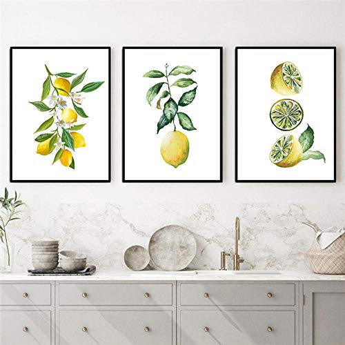 Großes Leinwandbild, Zitronen-Wandkunst, Leinwandbild, botanische Zitrone, Poster für Esszimmer, Obst, Küche, Dekoration, Bild, Gelb, Grün 30x50cmx3 ungerahmt von CAYBES