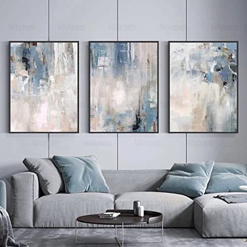 Leinwand Wandkunst 3er Set Blau Grau Moderner Stil Abstrakte Wandkunst Poster Nordic Leinwanddruck Malerei Zeitgenössische Kunst Dekoration Bild Für Wohnzimmer-60x80cm Kein Rahmen von CAYBES