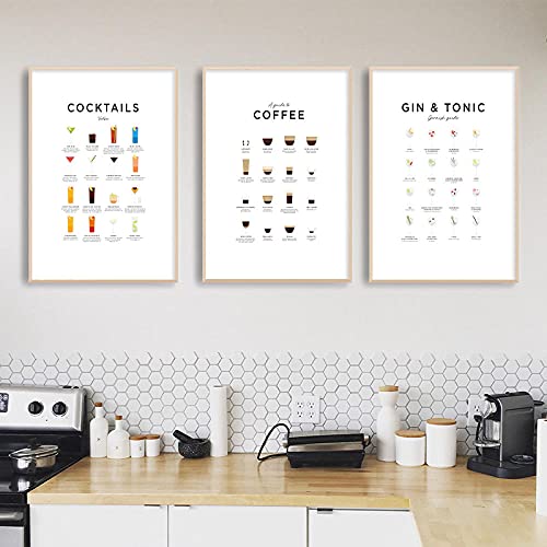 Poster für Schlafzimmer Kaffee Guide Poster Gin Tonic Cocktails Menü Handbuch Leinwanddruck Malerei Küche Wandkunst Bilder Café Bar Club Dekor 40x50cmx3 ungerahmt von CAYBES