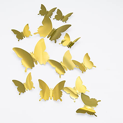 3D Schmetterling Wandaufkleber, CAYUDEN 24pcs 3 Größen Abnehmbare Spiegel Wandaufkleber Schmetterlinge zum Aufkleben DIY 3D Aufkleber Schmetterling Gold für die Wand, Hochzeit, Partydekoration(Gold) von CAYUDEN
