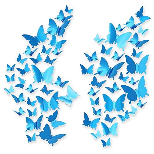 60pcs Schmetterlinge 3D, CAYUDEN Blau 3D Spiegel Wandaufkleber Schmetterlinge DIY Wanddeko Aufkleber 3D Schmetterlinge zum Kleben Wandsticker für Party Dekoration, Hochzeit, Kuchen, Wohnkultur(Blau) von CAYUDEN