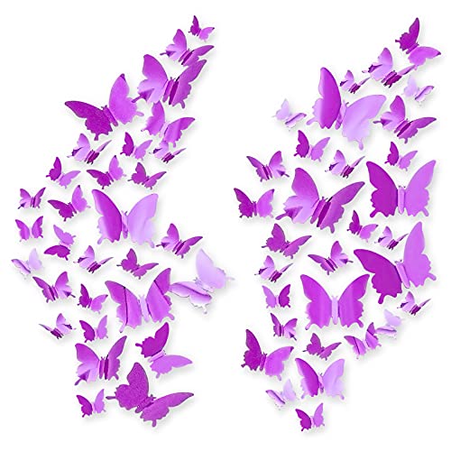 60pcs Schmetterlinge 3D, CAYUDEN Lila 3D Spiegel Wandaufkleber Schmetterlinge DIY Wanddeko Aufkleber 3D Schmetterlinge zum Kleben Wandsticker für Party Dekoration, Hochzeit, Kuchen, Wohnkultur(Lila) von CAYUDEN