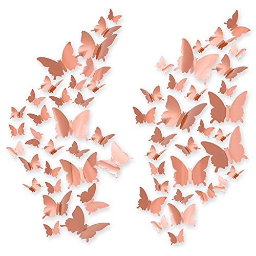 60pcs Schmetterlinge 3D, CAYUDEN 3D Spiegel Wandaufkleber Schmetterlinge DIY Wanddeko Aufkleber 3D Schmetterlinge zum Kleben Wandsticker für Party Dekoration, Hochzeit, Kuchen, Wohnkultur(Roségold) von CAYUDEN