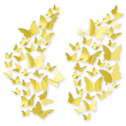 60pcs Schmetterlinge 3D, CAYUDEN Gold 3D Spiegel Wandaufkleber Schmetterlinge DIY Wanddeko Aufkleber 3D Schmetterlinge zum Kleben Wandsticker für Party Dekoration, Hochzeit, Kuchen, Wohnkultur(Gold) von CAYUDEN