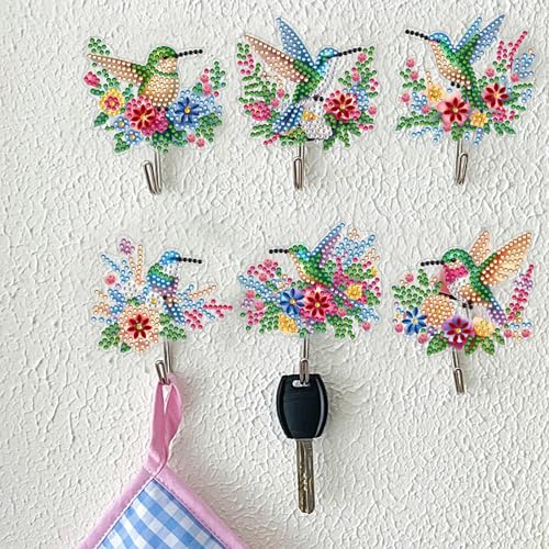 CAYUDEN DIY Diamond Painting Selbstklebende Haken, 6 Stück Diamond-Painting Vogel Bilder Garderobe Kinder, 5D Diamant Malerei Bastelset Set Erwachsene, Kleiderhaken für Bad, Küche, Eingang Deko von CAYUDEN