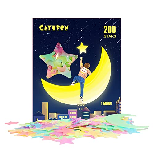 Leuchtsterne Kinderzimmer Plastik, CAYUDEN 201pcs Bunt Leuchten im Dunkeln Sterne Aufkleber für Decke 3D Sterne und Mond Leuchtsterne Plastik Wandaufkleber für Decke Wandtattoo Kinderzimmer von CAYUDEN