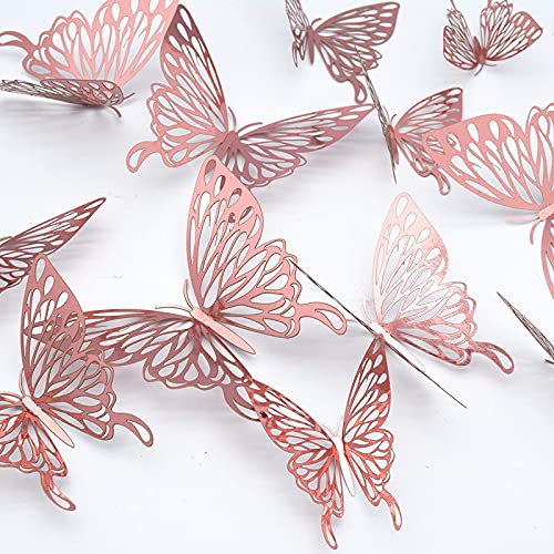 Schmetterlinge 3D Wanddeko, CAYUDEN 24 Stück 3 Größen Schmetterlinge Wanddeko 3D Schmetterlinge zum Aufkleben Wandaufkleber Schmetterlinge für die Wand, Zimmer, Hochzeit, Party Dekoration(Roségold) von CAYUDEN