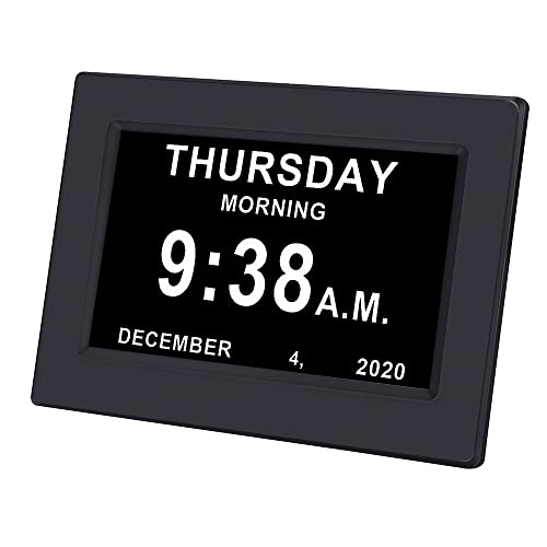 Extra großer digitaler Kalender/Tages-/Fotorahmen, dimmbares Display, 12 Alarmoptionen, Tagesuhr mit nicht abgekürztem Tag- und Monatswecker (17,8 cm schwarz) von CAZOKASI