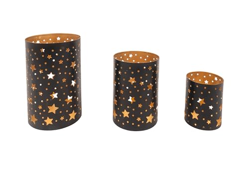 3er Set Windlicht mit Sternen Windlichtset Eisen Kerzenständer Kerzenhalter Teelicht schwarz/Gold von CB Home & Style