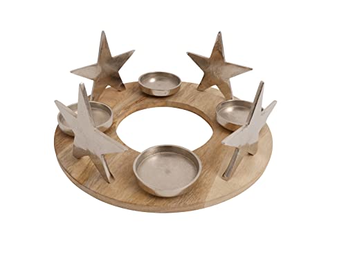 Adventskranz Kerzenhalter XXL Aluminium Mangoholz Silber Metall Durchmesser 38 cm Weihnachten Sterne von CB Home & Style