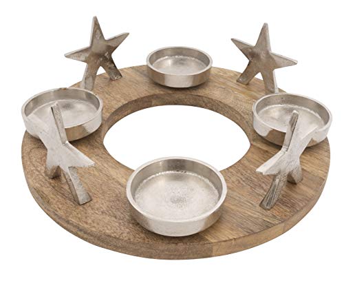 CB Home & Style Adventskranz Kerzenhalter Aluminium Mangoholz Silber Metall Durchmesser 30 cm Weihnachten von CB Home & Style