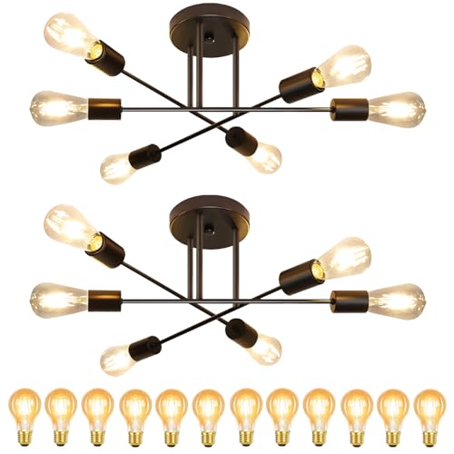 CBJKTX 2ER Deckenlampe Vintage Deckenleuchte Retro 6 Flammig Wohnzimmerlampe Industrie E27 Kronleuchter Schwarz mit 12 Lichtquellen Schlafzimmerlampe Industriellampe Esstischlampe Rustikal Stil von CBJKTX