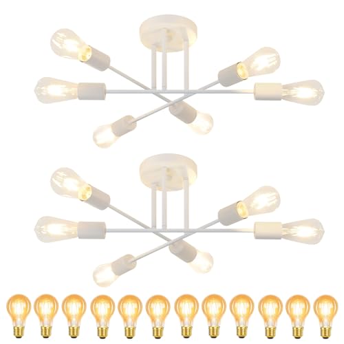 CBJKTX 2ER Deckenlampe Vintage Deckenleuchte Wohnzimmer E27 Retro Schlafzimmerlampe 6 Flammig Kronleuchter Weiß Esstischlampe mit 12 Lichtquellen für Industriell Rustikal Stil Beleuchtung von CBJKTX