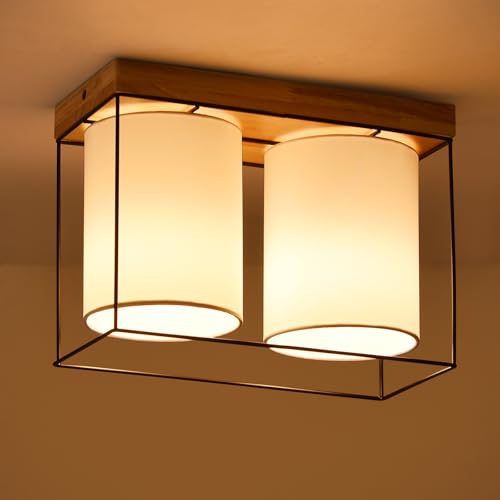 CBJKTX Deckenlampe Schlafzimmer Deckenleuchte Vintage - 2 Flammig E14 Holz Küchenlampe mit Stoff-Lampenschirm Industrial Retro Schlafzimmerlampe für Küche Wohnzimmer Esszimmer (ohne Leuchtmittel) von CBJKTX