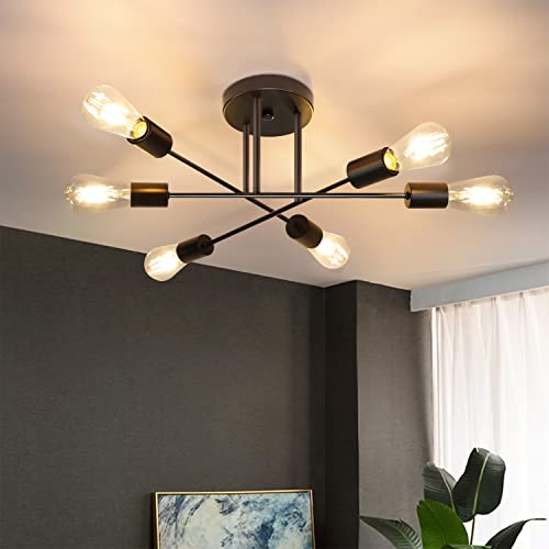 CBJKTX Deckenlampe Vintage Deckenleuchte Retro - 6 Flammig Wohnzimmerlampe Industrie E27 Schwarz Schlafzimmerlampe Esstischlampe für küche Flur Wohnzimmer Rustikal Stil (ohne Leuchtmittel) von CBJKTX
