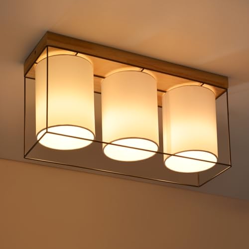 CBJKTX Deckenlampe Wohnzimmer Deckenleuchte Holz - 3 Flammig E14 Vintage Wohnzimmerlampe mit Stoff-Lampenschirm Industrial Retro Esszimmerlampe für Esszimmer Schlafzimmer Küche (ohne Leuchtmittel) von CBJKTX