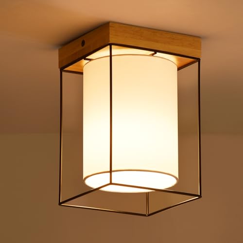 CBJKTX Deckenleuchte Flur Deckenlampe Holz - 1 Flammig E14 Vintage Flurlampe mit Stoff-Lampenschirm Küchenlampe Industrial Retro Schlafzimmerlampe für Schlafzimmer Küche Büro (ohne Leuchtmittel) von CBJKTX