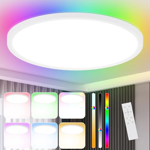 CBJKTX Deckenleuchte LED Dimmbar Deckenlampe RGB - Flach Panel 24W Farbwechsel mit Fernbedienung Wohnzimmerlampe Rund Wasserdicht IP44 Badlampe Modern für Wohnzimmer Schlafzimmer Badezimmer Küche Flur von CBJKTX