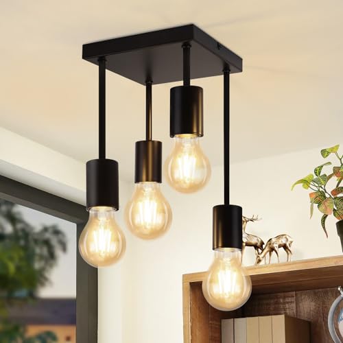 CBJKTX Deckenleuchte Schwarz Deckenlampe Vintage - E27 Küchenlampe 4 Flammig Retro Metall Hängend Industrial Deckenspots für küche Flur Schlafzimmer Wohnzimmer Bar (ohne Leuchtmittel) von CBJKTX