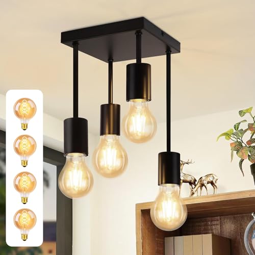 CBJKTX Deckenleuchte Schwarz Deckenlampe Vintage - E27 Küchenlampe 4 Flammig Retro Metall Hängend Industrial Deckenspots mit 4 Lichtquellen für küche Flur Schlafzimmer Wohnzimmer Bar CBJKTX Deckenleuchte Schwarz Deckenlampe Vintage - E27 Küchenlampe 4 Flammig Retro Metall Hängend Industrial Deckenspots mit 4 Lichtquellen für küche Flur Schlafzimmer Wohnzimmer Bar von CBJKTX