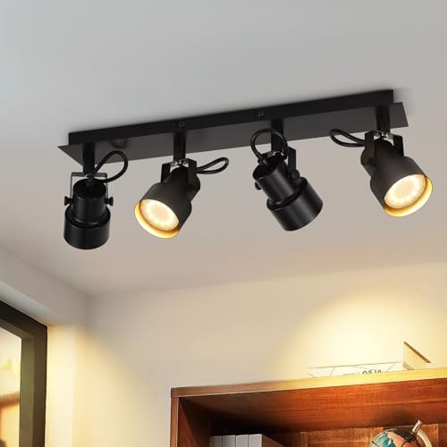 CBJKTX Deckenstrahler 4 Flammig Deckenspot Schwarz - Vintage Schwenkbar Deckenlampe GU10 350° Strahler Industrial Deckenleuchte Spots Küchenlampe für Wohnzimmer Küche Flur (Ohne Leuchtmittel) von CBJKTX