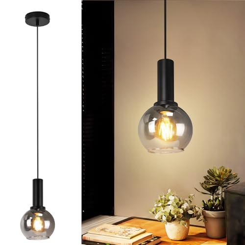 CBJKTX Hängelampe Vintage Pendelleuchte Esstisch -1Flammig Hängeleuchte Glas Schwarz Esszimmerlampe Industrial E27 Pendellampe Höhenverstellbar Esstischlampe für Wohnzimmer Küche (ohne Leuchtmittel) von CBJKTX