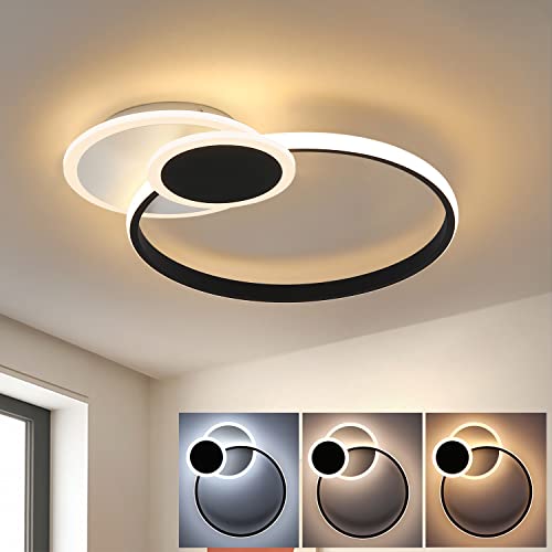 CBJKTX LED Deckenleuchte Wohnzimmer Deckenlampe - Dimmbar Wohnzimmerlampe 45CM Schwarz mit Fernbedienung 39W Schlafzimmerlampe Modern 3 Ring Design in Weiß für Schlafzimmer Büro Küche Esszimmer von CBJKTX