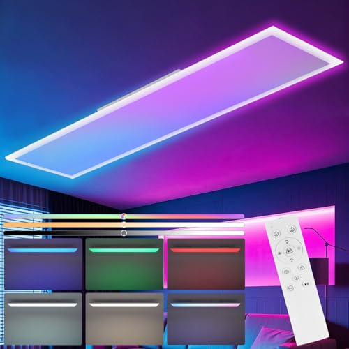 CBJKTX LED Panel 120x30 Dimmbar - Deckenpanel Lang Deckenleuchte Flach RGB Farbwechsel Büro mit Fernbedienung Bürolampe 36W Deckenlampe 3000K-6500K Küchenlampe für Wohnzimmer Esszimmer Spielzimmer von CBJKTX