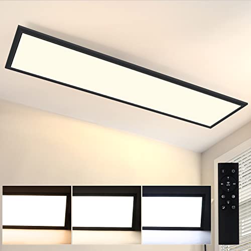 CBJKTX LED Panel Schwarz Deckenleuchte Dimmbar - 120x30CM Deckenlampe Flach Büro mit Fernbedienung Wohnzimmerlampe 48W Küchenlampe Deckenpanel Modern Weiß Büroleuchte für Küche Schlafzimmer Flur von CBJKTX