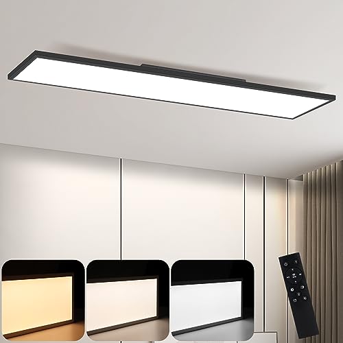 CBJKTX LED Panel Schwarz Deckenleuchte Dimmbar - Flach Deckenlampe Büro mit Fernbedienung Modern Wohnzimmerlampe 100x25CM Küchenlampe 42W Deckenpanel Schwarz Büroleuchte für Schlafzimmer Küche Flur von CBJKTX