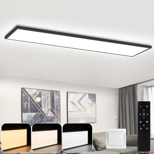 CBJKTX LED Panel Deckenleuchte Dimmbar - Schwarz Deckenlampe Flach 100x25CM mit Fernbedienung Modern Lang Tageslichtlampe Deck Küchenlampe 42W Rechteckig Deckenpanel für Schlafzimmer Küche Büro von CBJKTX
