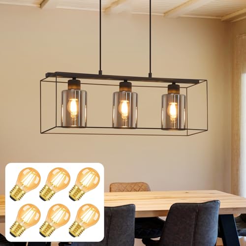 CBJKTX Pendelleuchte 3 Flammig Hängelampe Vintage mit 6 Stück E27 Leuchtmittel - Glas Hängeleuchte Schwarz Retro Metall Pendellampe Hängend Esszimmerlampe für Wohnzimmer Esstisch Küche von CBJKTX