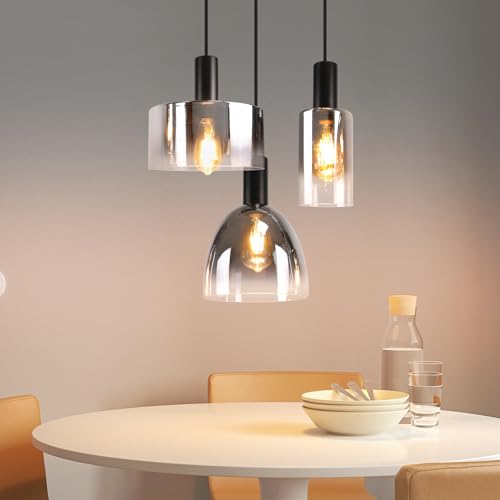 CBJKTX Pendelleuchte Wohnzimmer Hängelampe 3 Flammig Hängeleuchte-E27 Vintage Esszimmerlampe Hängend Pendellampe Höhenverstellbar Rauchgrau Glas für Schlafzimmer Wohnzimmer (ohne Leuchtmittel) von CBJKTX