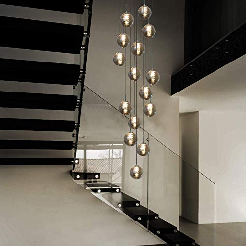 CBJKTX Pendelleuchte Treppenhaus Pendellampe Modern - 15 Flammig Esstisch Hängeleuchte 320CM Höheverstellbar aus Glas Hängelampe für Wohnzimmer Galerie Ballsaal Villa Flur Esstisch Küche (Rauchgrau) von CBJKTX