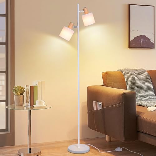 CBJKTX Stehlampe Wohnzimmer Stehleuchte Vintage - 2 Flammig Standlampe Drehbar E14 Weiß Holz Standleuchte Retro Stoff Leselampe mit Fußschalter für Schlafzimmer Büro (ohne Leuchtmittel) von CBJKTX
