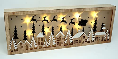 CBK-MS Holz Weihnachtsdeko verschneites Dorf mit Weihnachtsschlitten mit LED Beleuchtung und Hologramm-Effekt von CBK-MS