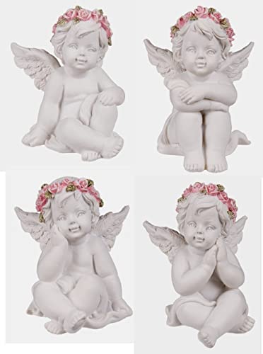 4 zauberhafte sitzende Engelsfiguren mit rosafarbenen Rosenblütenkranz von CBK-MS