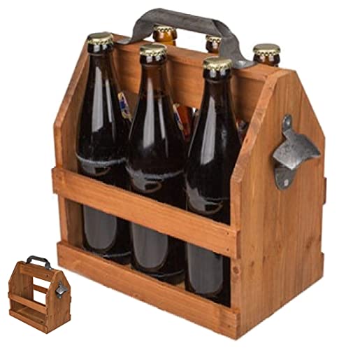 CBK-MS Holz Flaschenhalter Flaschenträger mit Metall Flaschenöffner Retro Bierträger für 6 Flaschen 0,5 L von CBK-MS