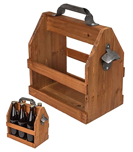 CBK-MS Party Holz Bierträger für 6 Flaschen a 0,5 l Sixpack mit Metall Flaschenöffner Vintage Getränkekorb von CBK-MS