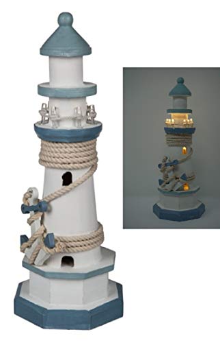 CBK-MS. Leuchtturm 30 cm mit Tau + Anker blau/Weiss LED Beleuchtung wunderschöne Maritime Deko für Wohnung Tisch oder Fenster von CBK-MS