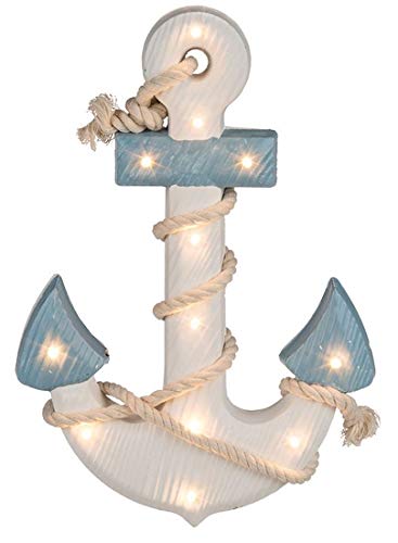 CBK-MS. Maritime Shabby Dekoration Holz Anker blau/Weiss mit Seil und LED Beleuchtung 12 LEDs warmweiss von CBK-MS