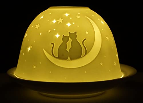 Dome Light Teelicht Katzen mit Halbmond Windlicht Porzellan Teelichthalter ca. Ø 12 cm Höhe 8,5 cm von CBK-MS