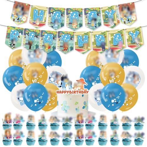 CBOSNF Blue Geburtstag Deko 44Pcs Blue Dog Ballons Geburtstagsdeko,Dog Thema Latex Luftballons Dekoration Set Cake Topper Alles Gute zum Geburtstag Themenparty von CBOSNF